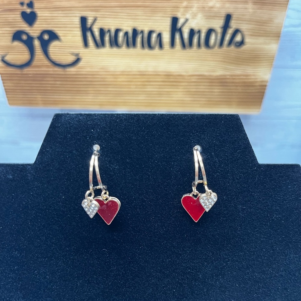 Gold Tone and Red Heart Earrings - Picture 1 of 2